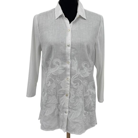 New J. Jill White Floral Embroidered Linen Button Front Long Sleeve Shirt Small - Picture 2 of 10